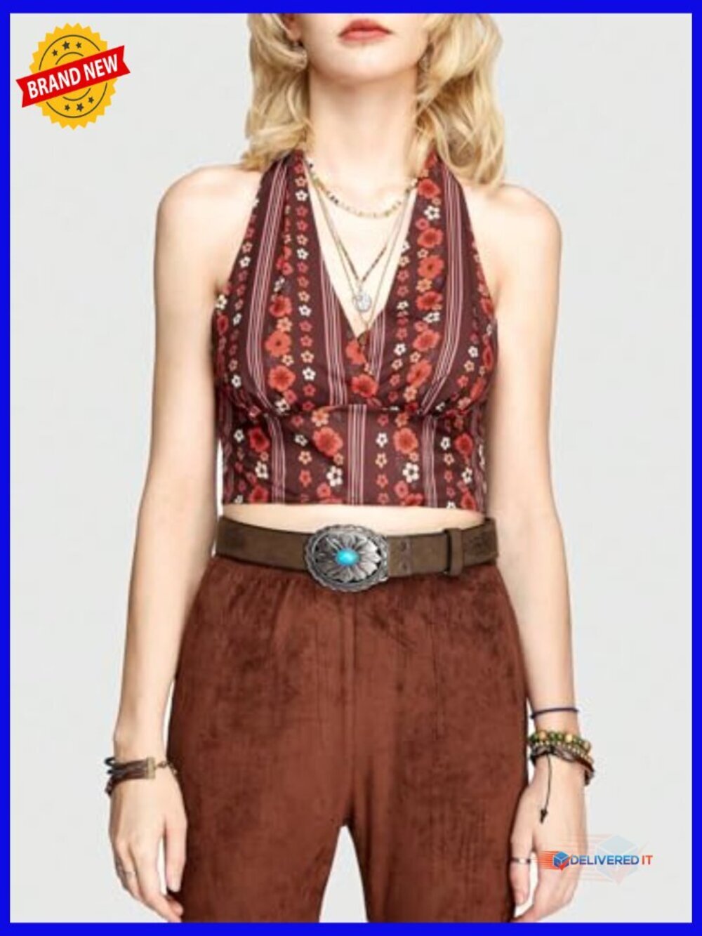 Halter Backless Crop Top Floral Print Boho Tank Sleeveless Summer - Picture 2 of 5